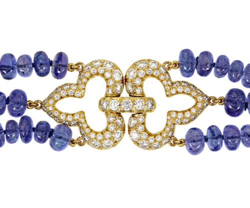 tanzanite beads handcrafted diamond fleur de lis clasp 18k gold