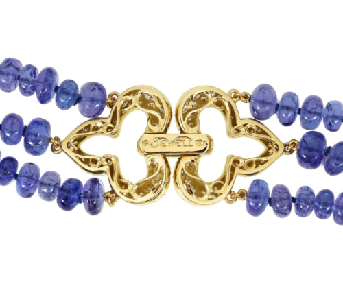 tanzanite beads 18k gold fleur de lis clasp